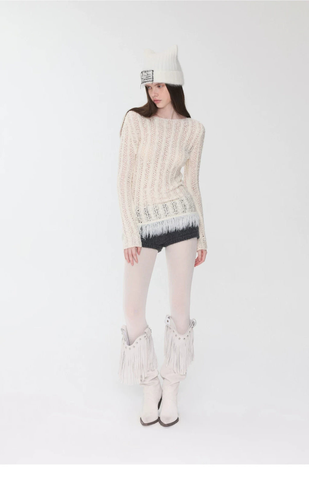 OPENWORK CABLE FRINGE BOAT-NECK KNIT TOP – 2colors