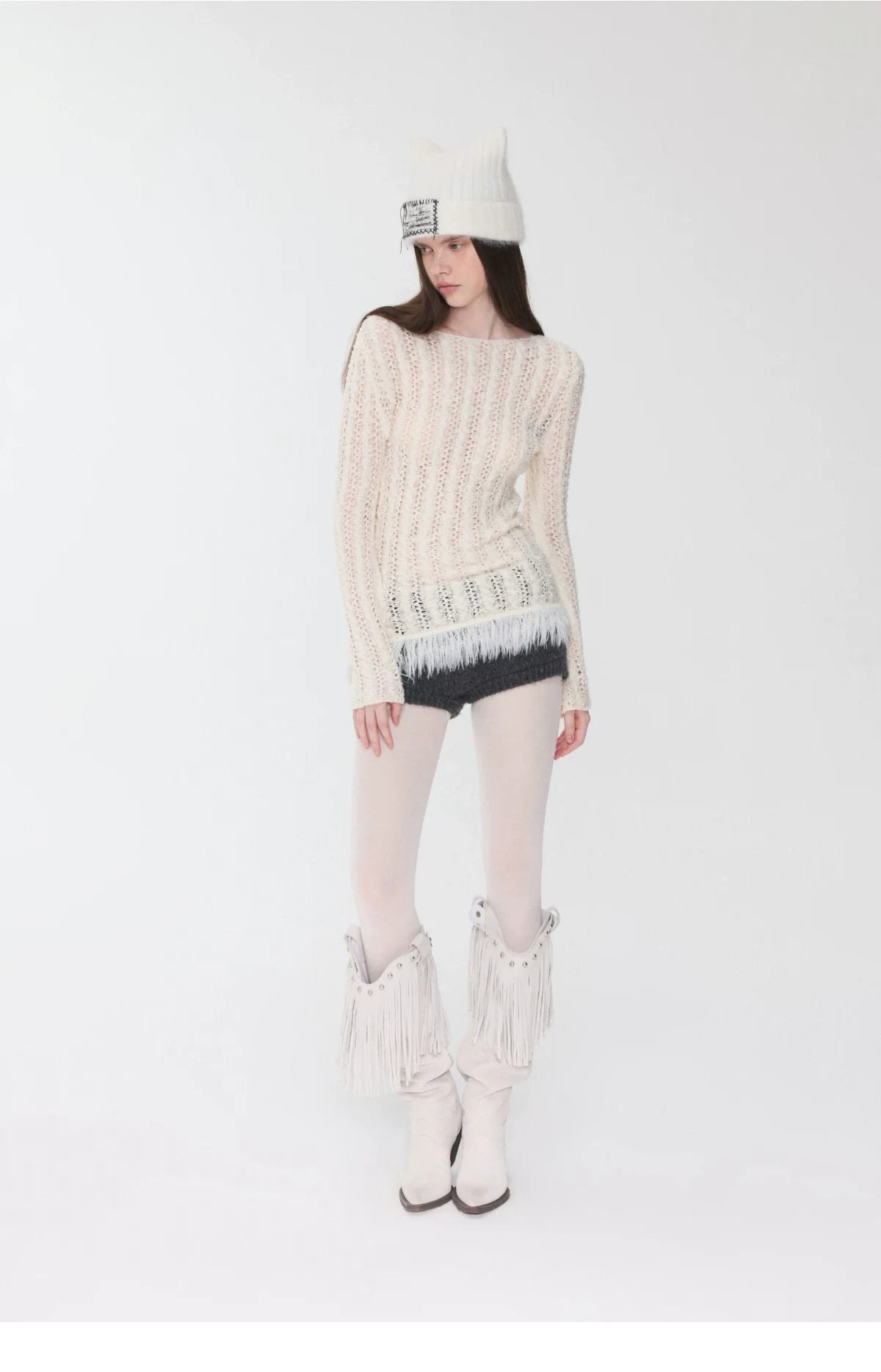 OPENWORK CABLE FRINGE BOAT-NECK KNIT TOP – 2colors