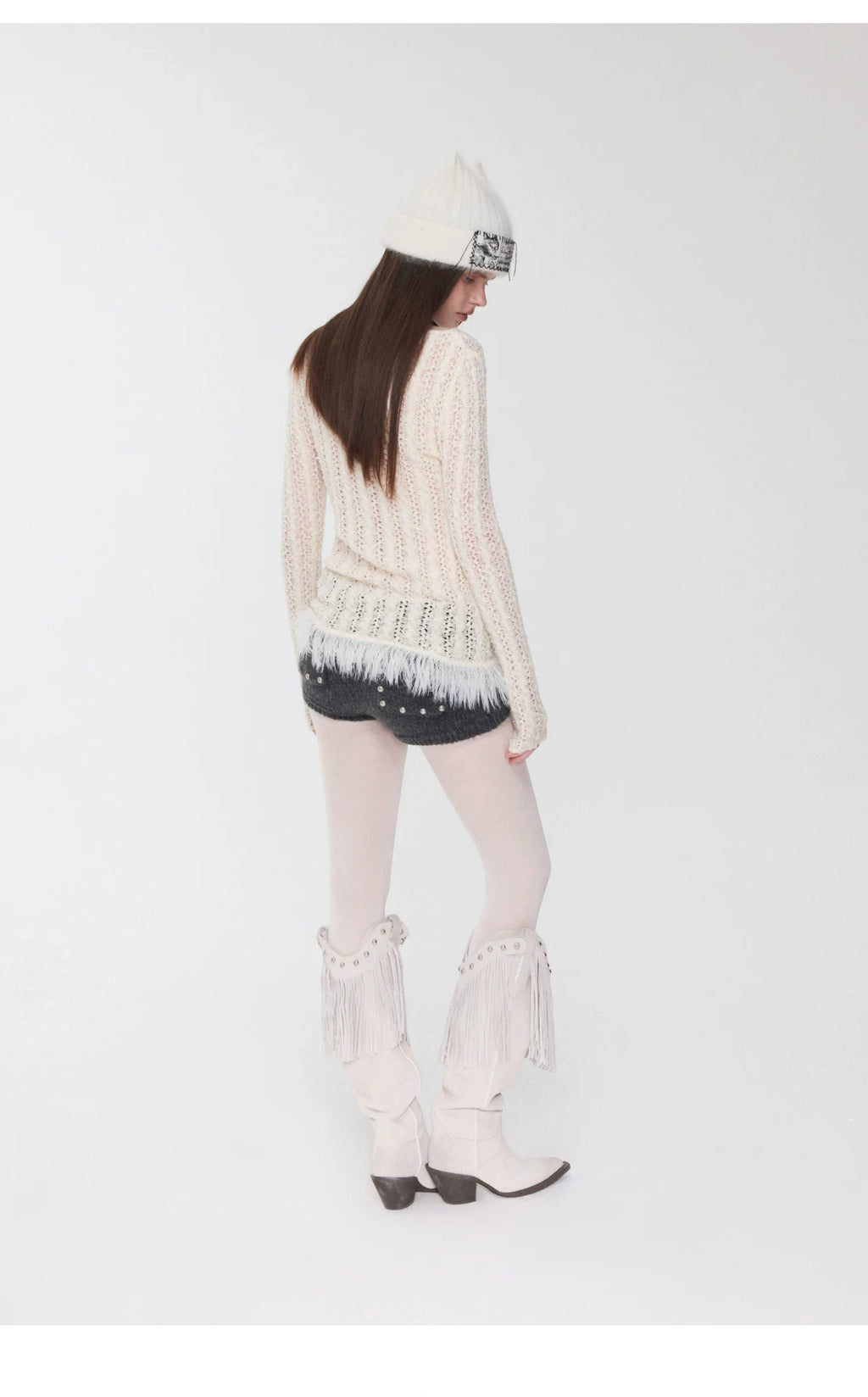 OPENWORK CABLE FRINGE BOAT-NECK KNIT TOP – 2colors