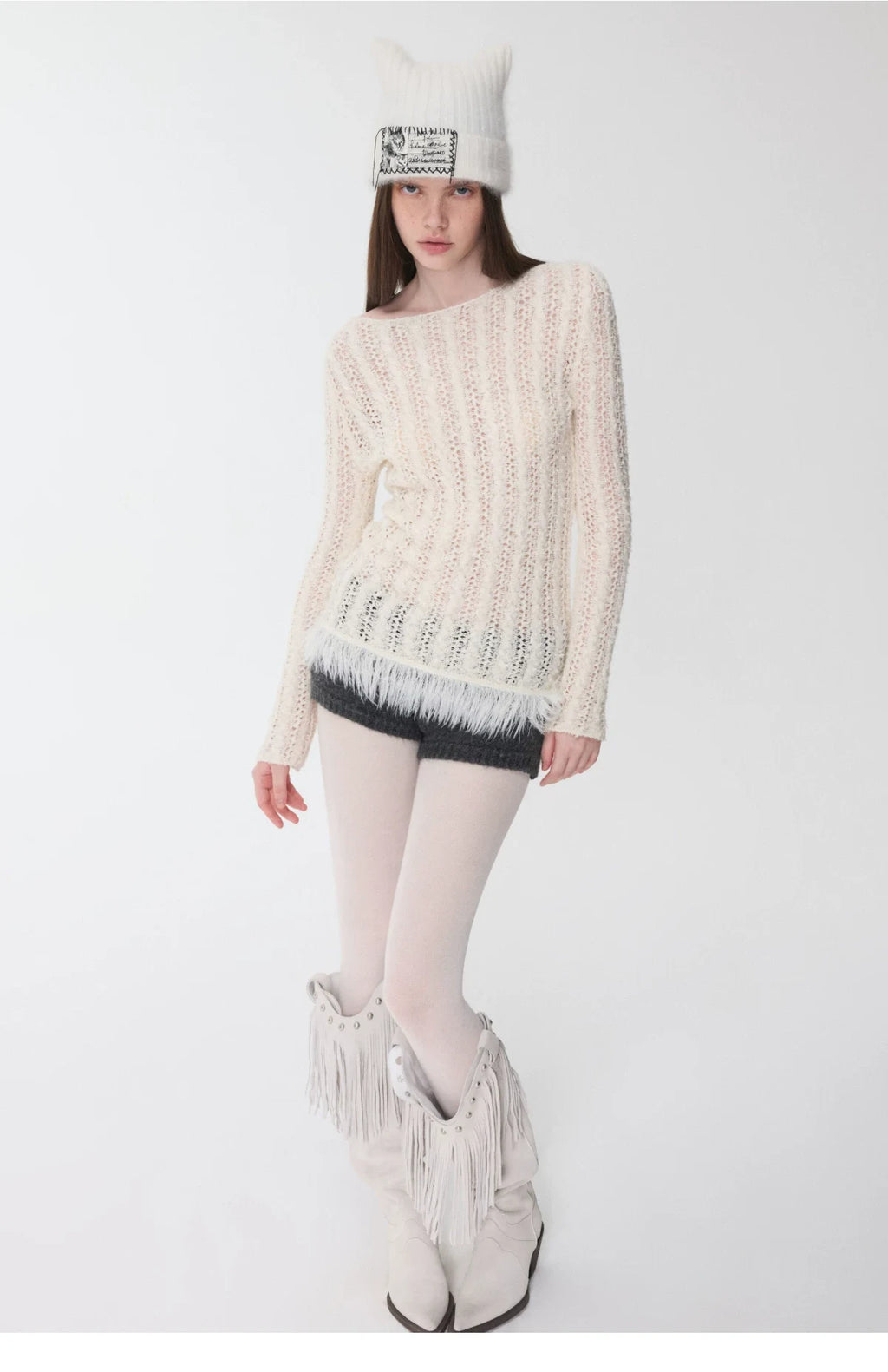 OPENWORK CABLE FRINGE BOAT-NECK KNIT TOP – 2colors