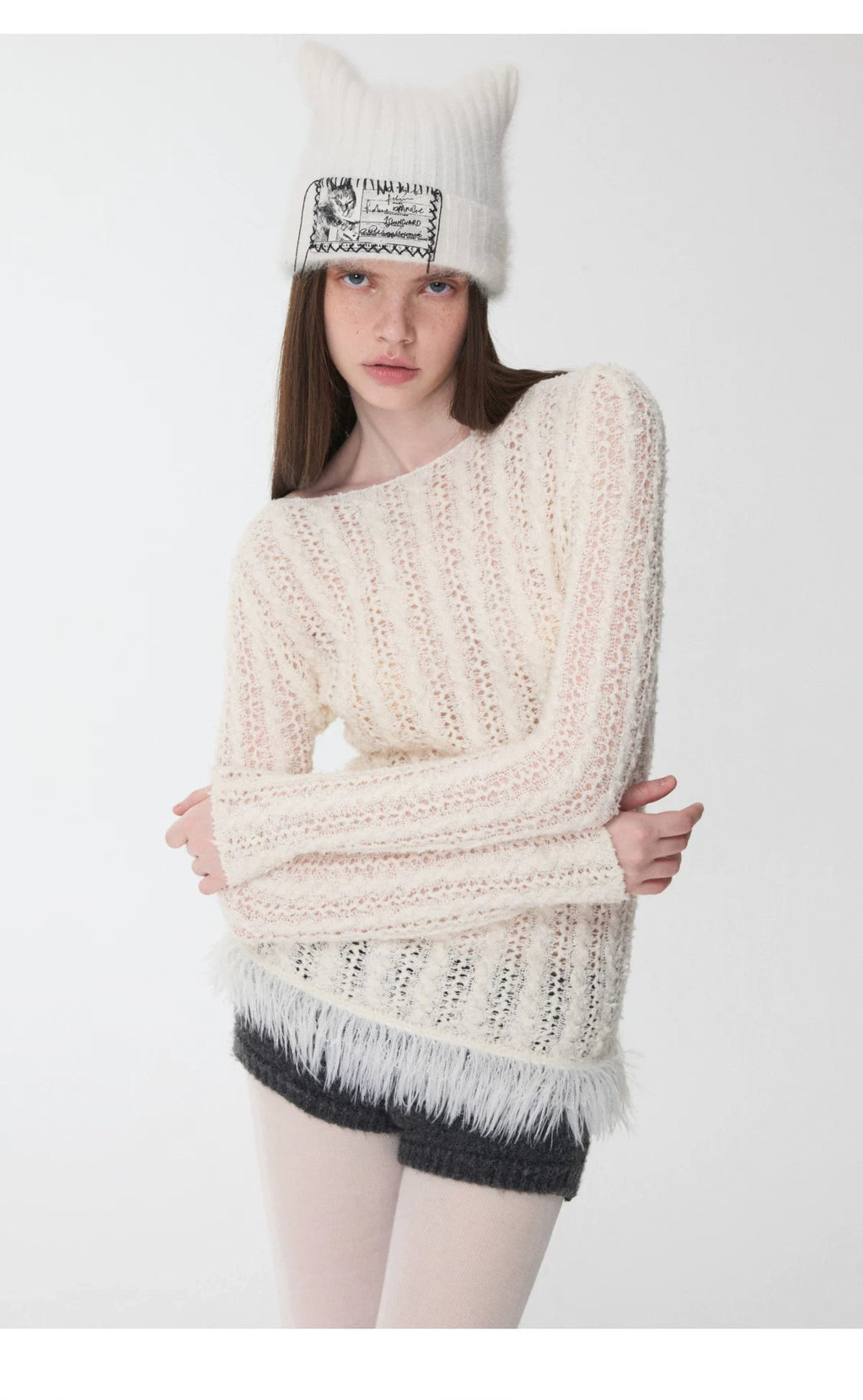 OPENWORK CABLE FRINGE BOAT-NECK KNIT TOP – 2colors