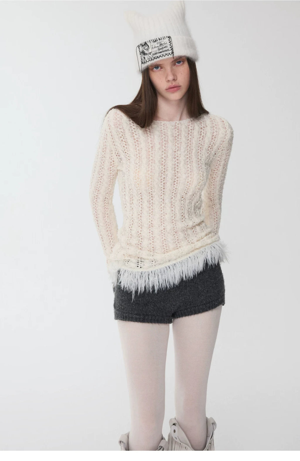 OPENWORK CABLE FRINGE BOAT-NECK KNIT TOP – 2colors