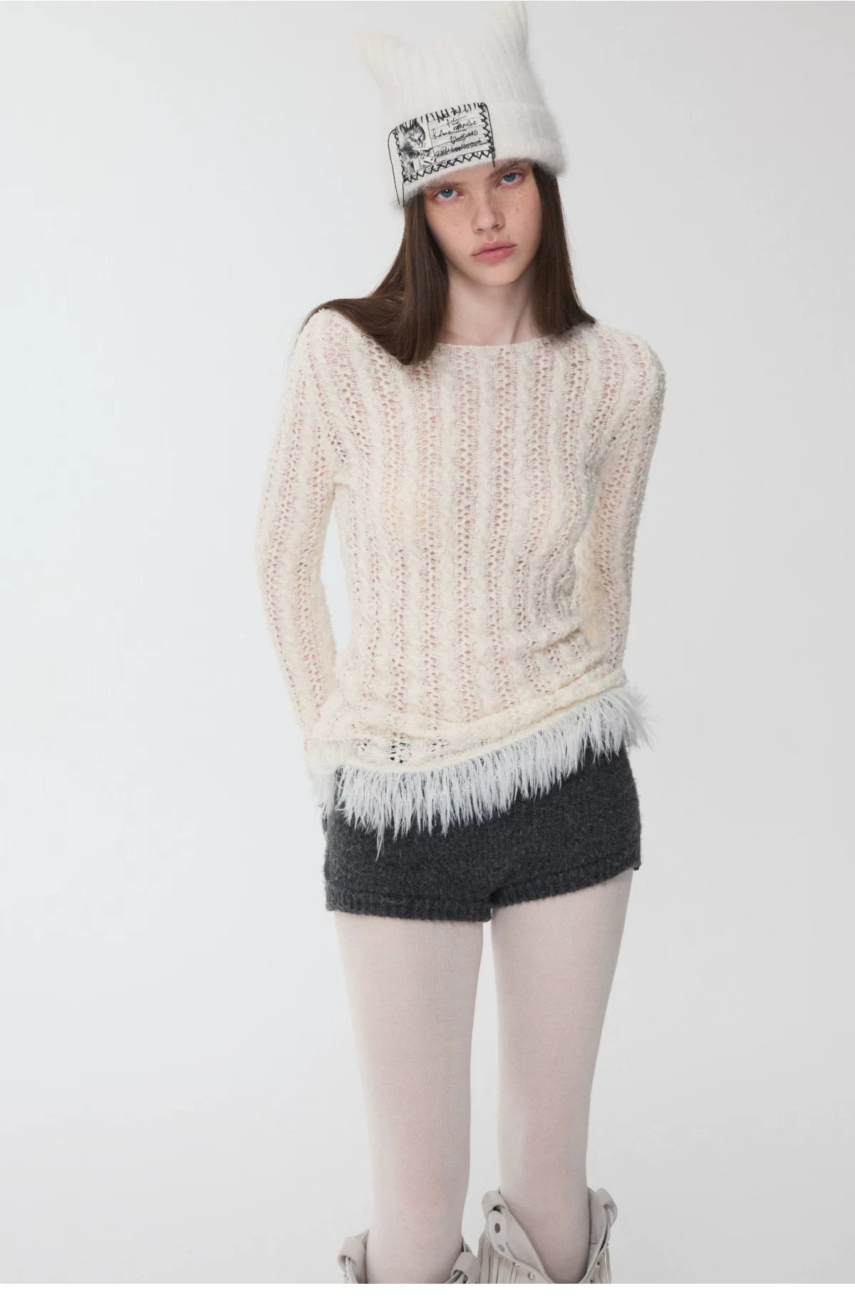 OPENWORK CABLE FRINGE BOAT-NECK KNIT TOP – 2colors