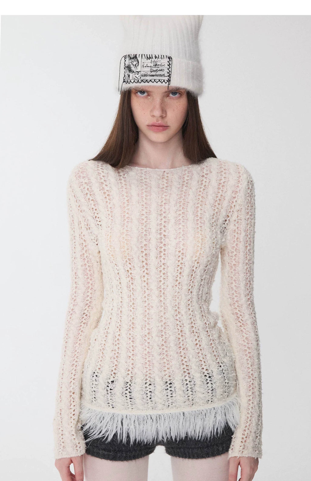 OPENWORK CABLE FRINGE BOAT-NECK KNIT TOP – 2colors