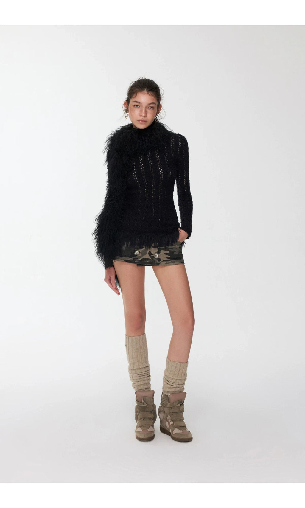 OPENWORK CABLE FRINGE BOAT-NECK KNIT TOP – 2colors