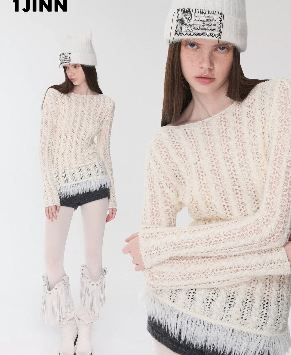 OPENWORK CABLE FRINGE BOAT-NECK KNIT TOP – 2colors
