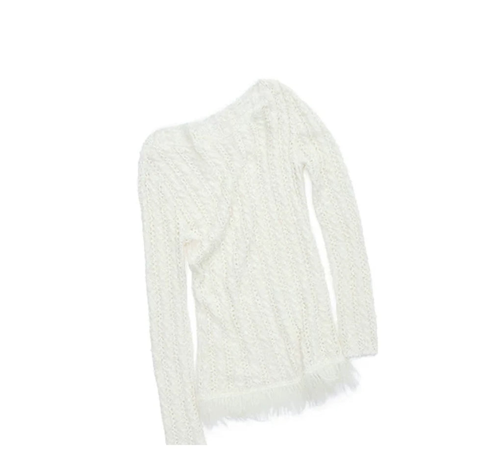 OPENWORK CABLE FRINGE BOAT-NECK KNIT TOP – 2colors