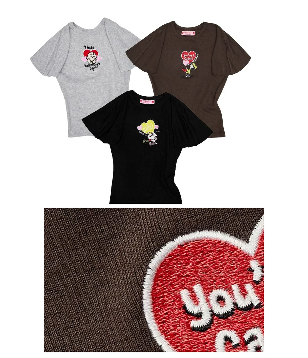 PEANUTS EMBROIDERED FLUTTER-SLEEVE TEE – 3colors