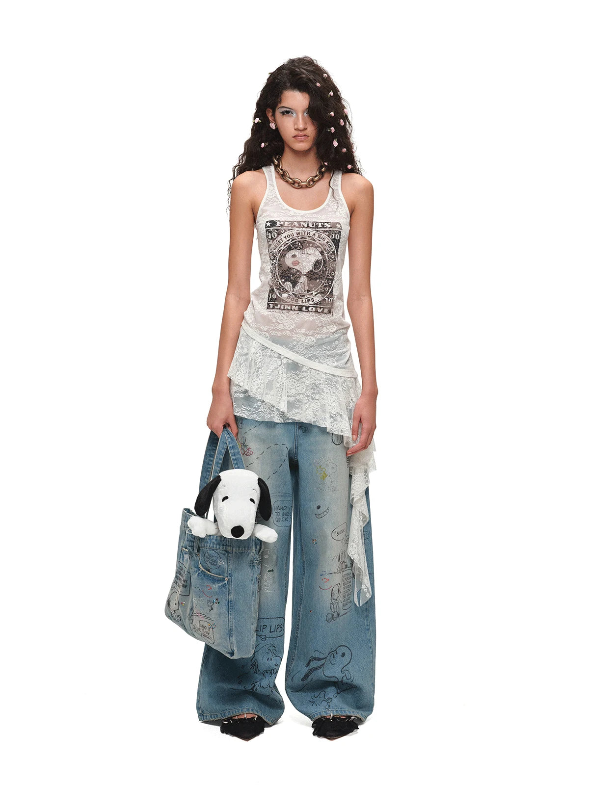 PEANUTS FRAMED-PRINT LACE CAMI DRESS – 2colors