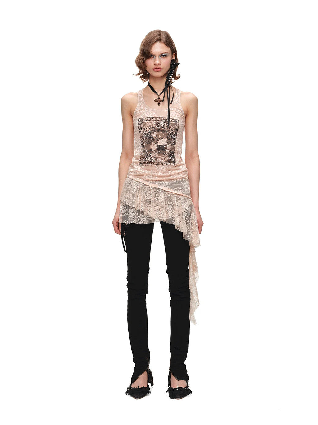 PEANUTS FRAMED-PRINT LACE CAMI DRESS – 2colors