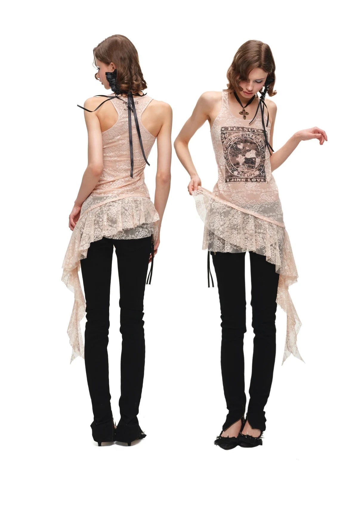 PEANUTS FRAMED-PRINT LACE CAMI DRESS – 2colors