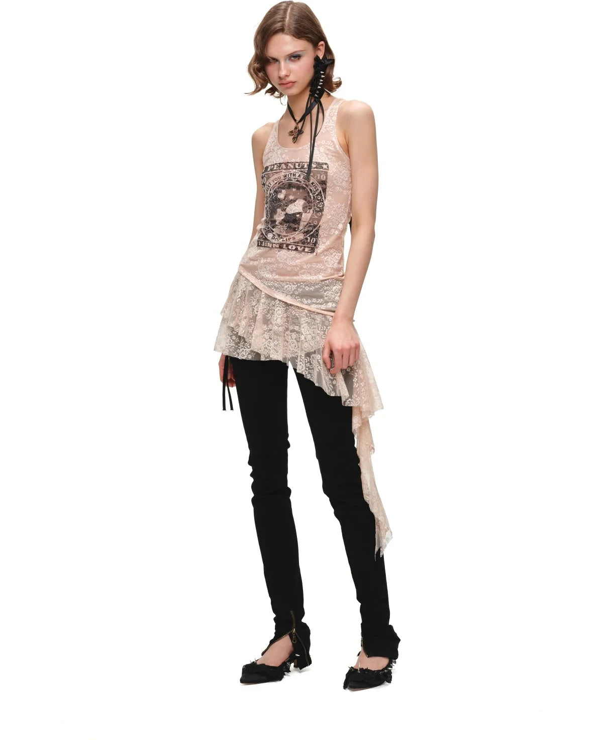 PEANUTS FRAMED-PRINT LACE CAMI DRESS – 2colors