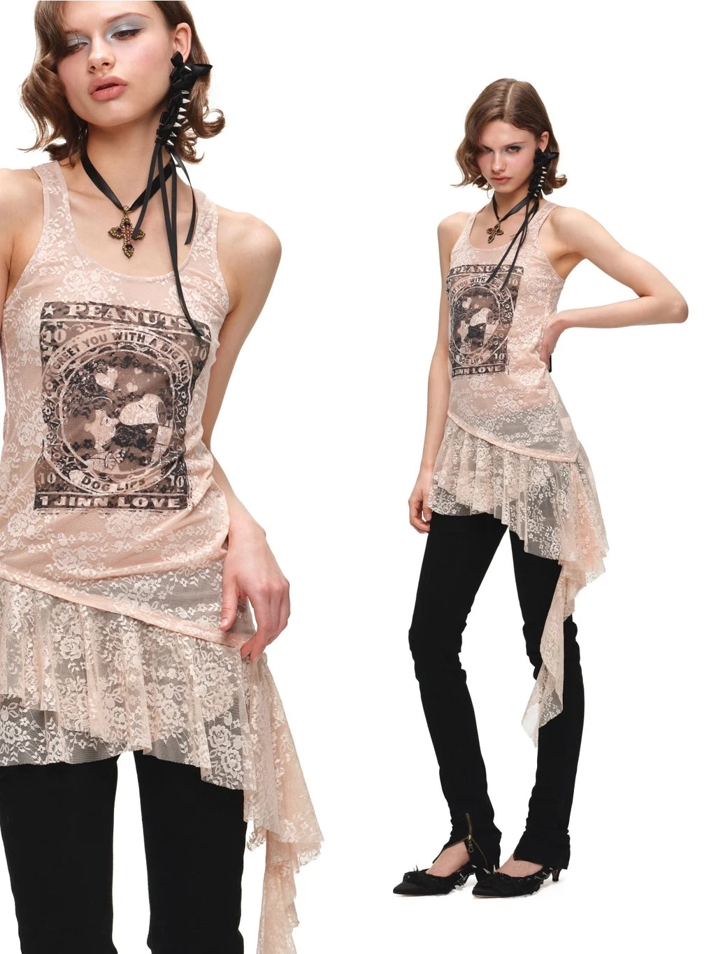 PEANUTS FRAMED-PRINT LACE CAMI DRESS – 2colors
