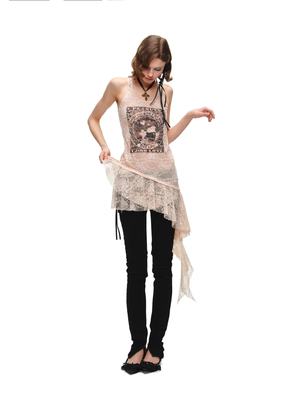 PEANUTS FRAMED-PRINT LACE CAMI DRESS – 2colors