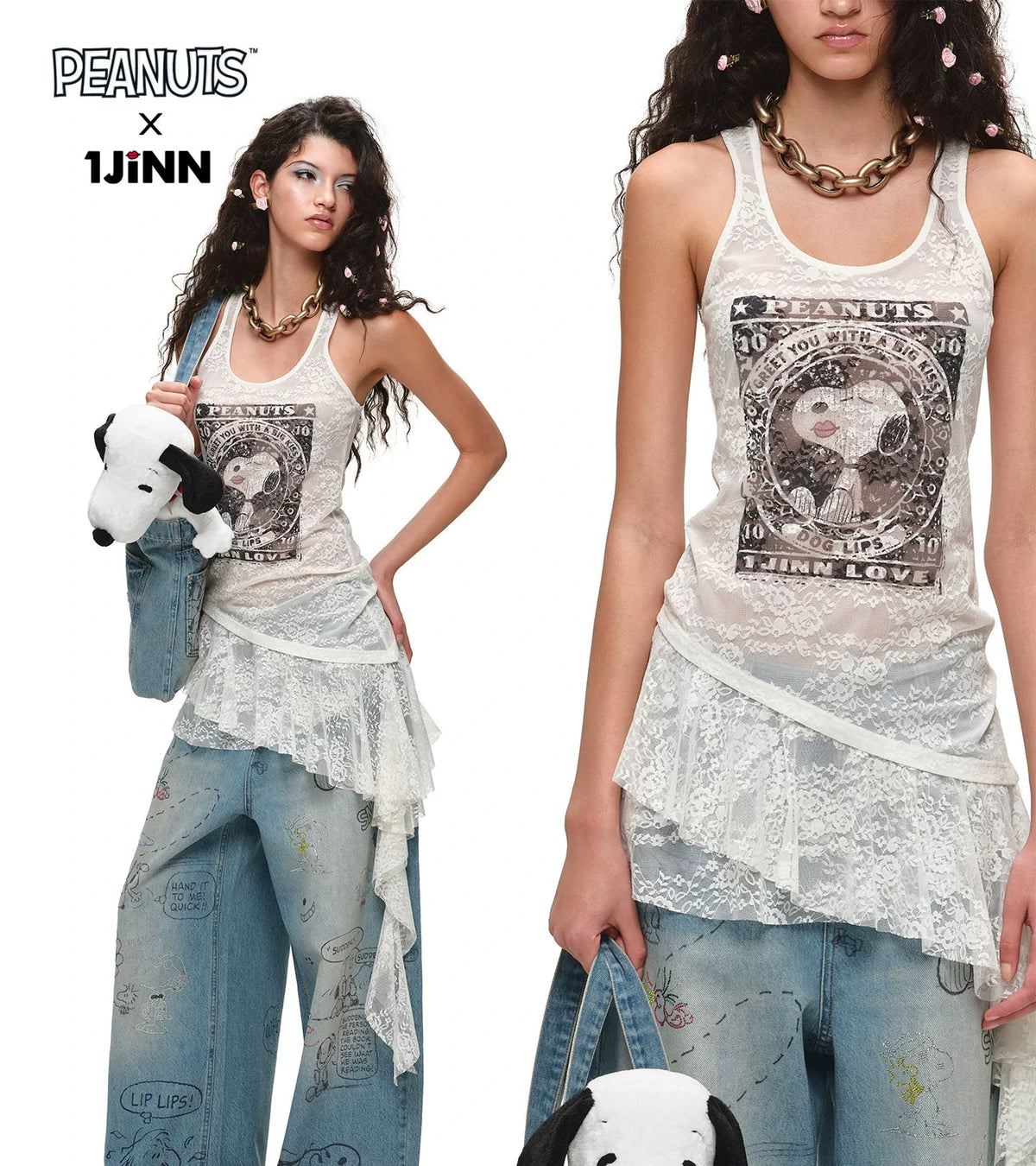 PEANUTS FRAMED-PRINT LACE CAMI DRESS – 2colors