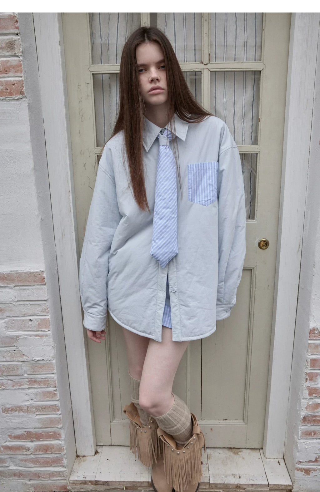 STRIPED PADDED SHIRT & TIE & MINI SKIRT – 3pieces