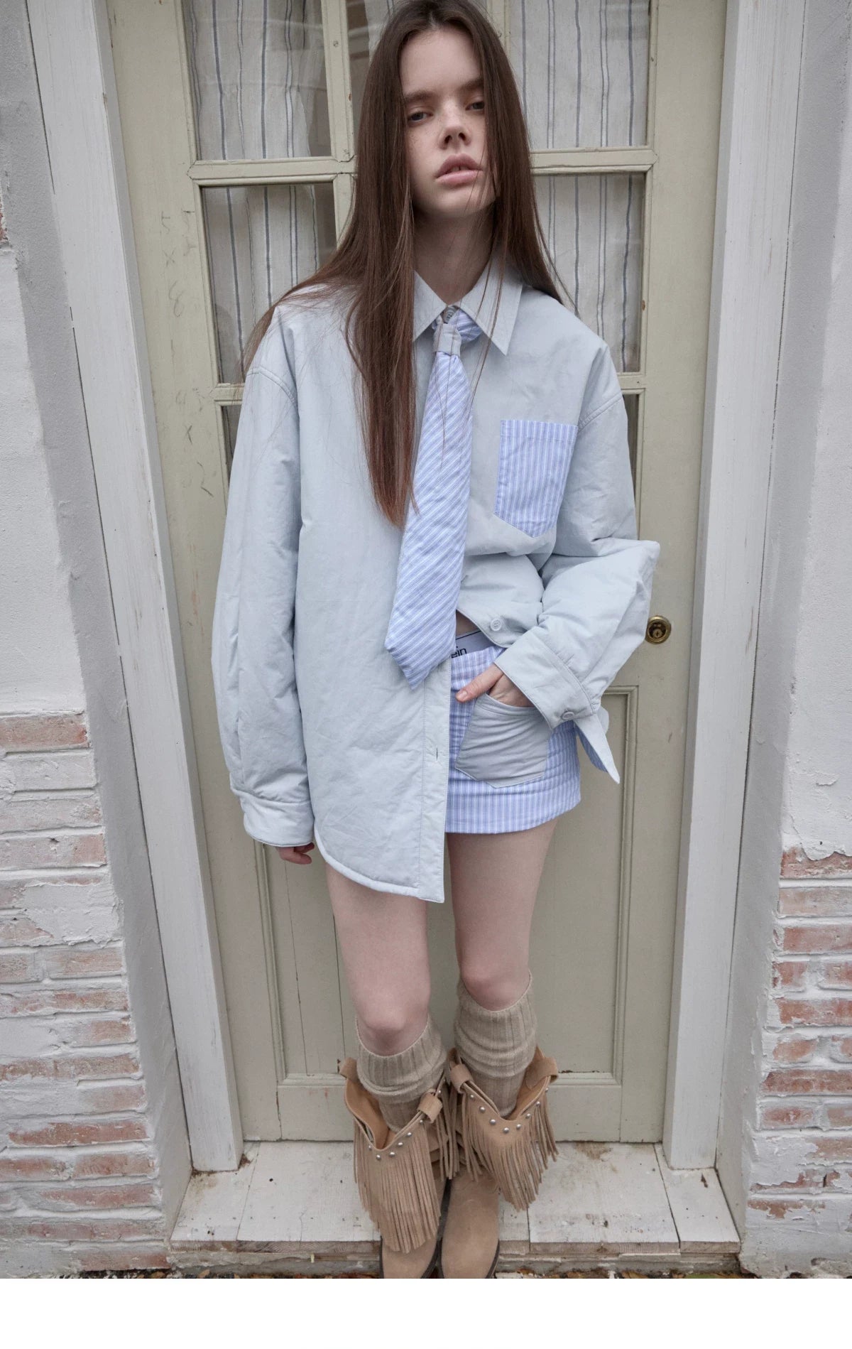 STRIPED PADDED SHIRT & TIE & MINI SKIRT – 3pieces