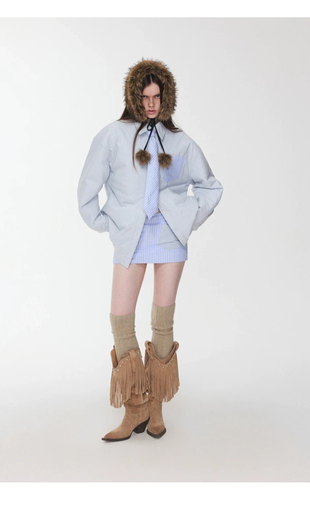 STRIPED PADDED SHIRT & TIE & MINI SKIRT – 3pieces