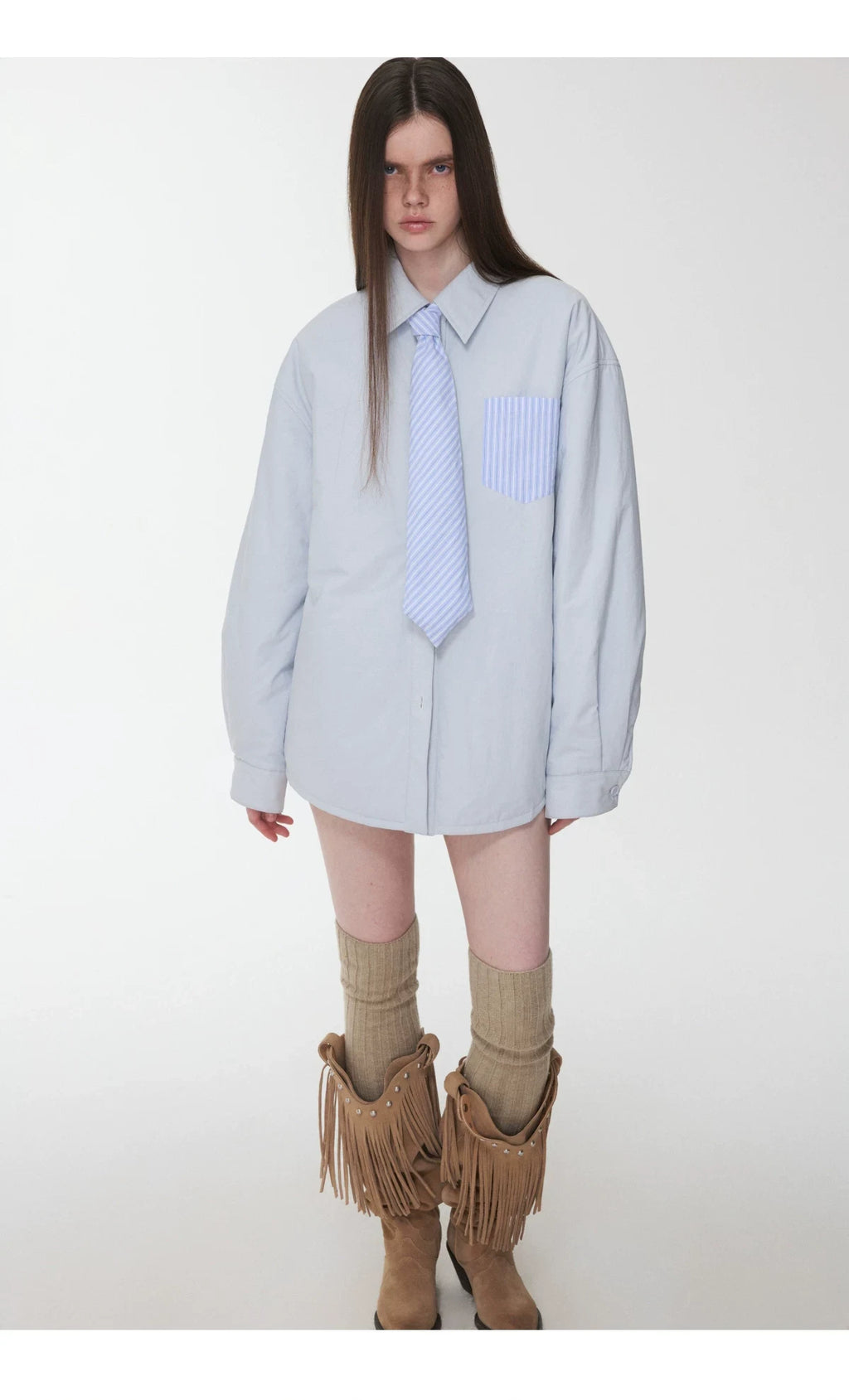 STRIPED PADDED SHIRT & TIE & MINI SKIRT – 3pieces