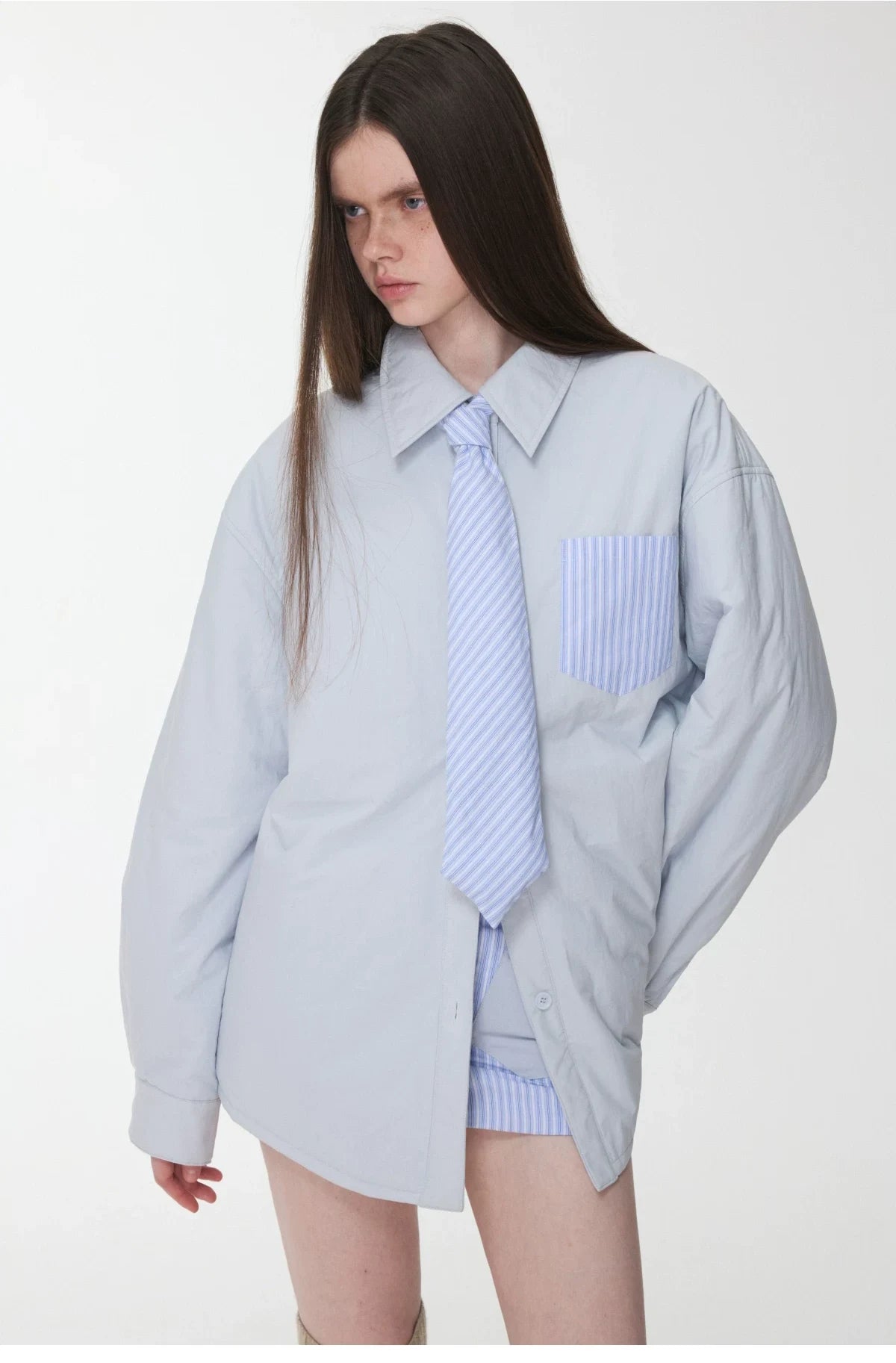 STRIPED PADDED SHIRT & TIE & MINI SKIRT – 3pieces
