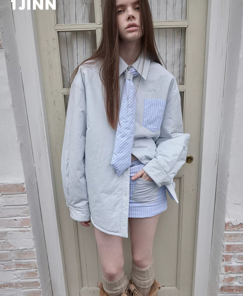 STRIPED PADDED SHIRT & TIE & MINI SKIRT – 3pieces