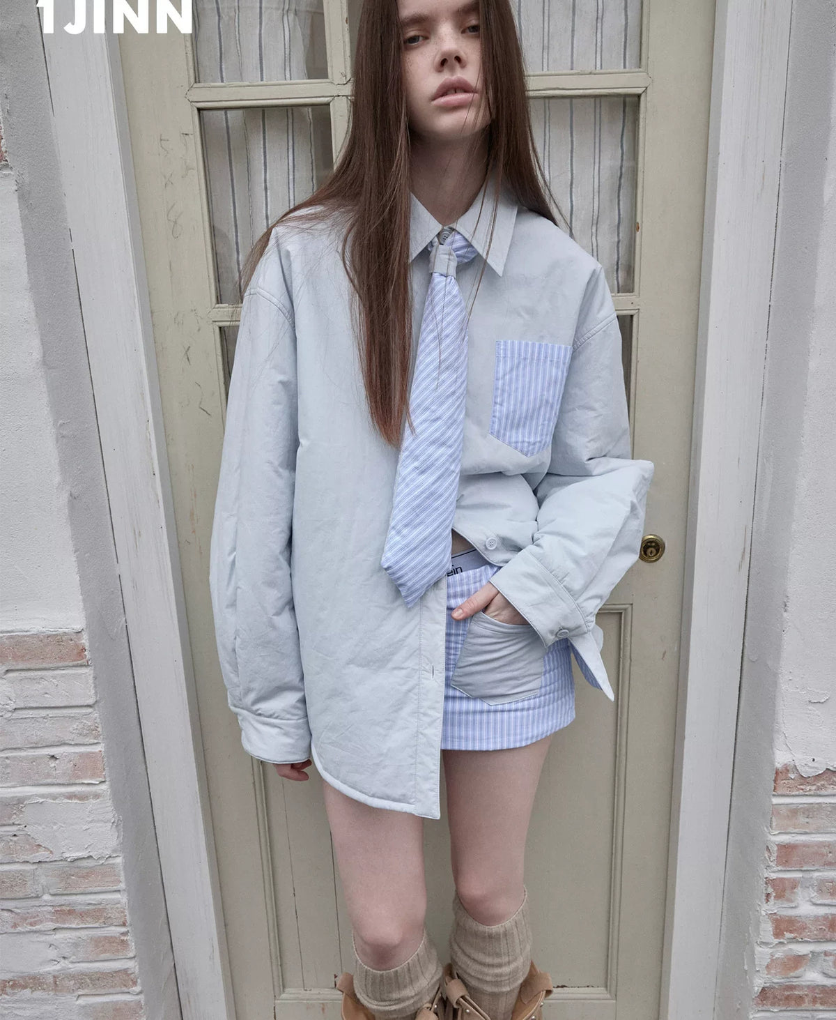 STRIPED PADDED SHIRT & TIE & MINI SKIRT – 3pieces