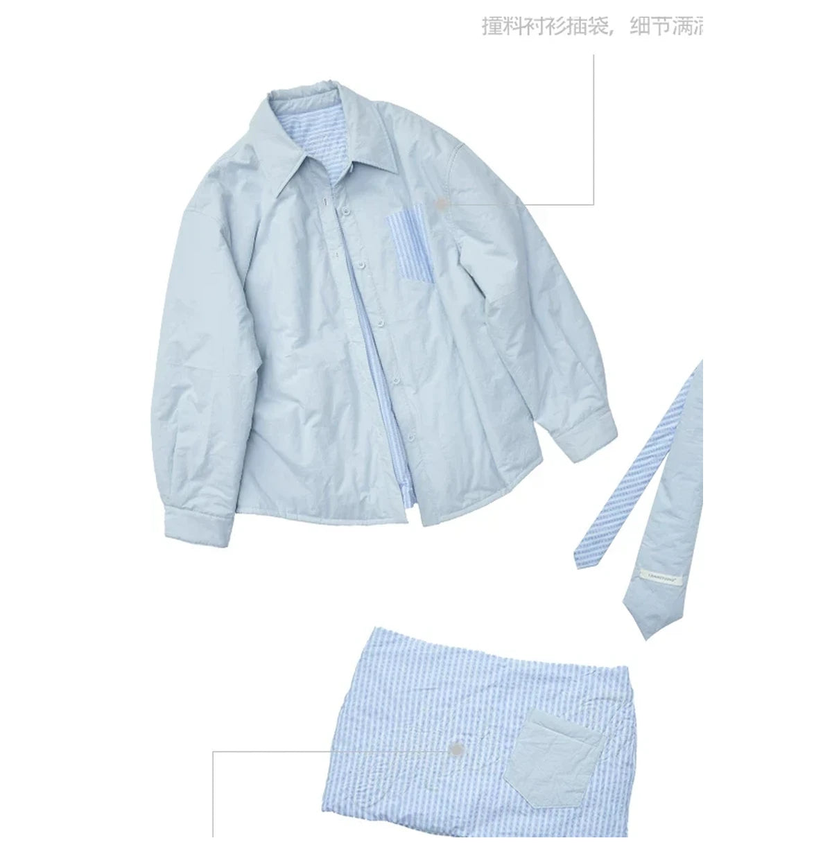 STRIPED PADDED SHIRT & TIE & MINI SKIRT – 3pieces