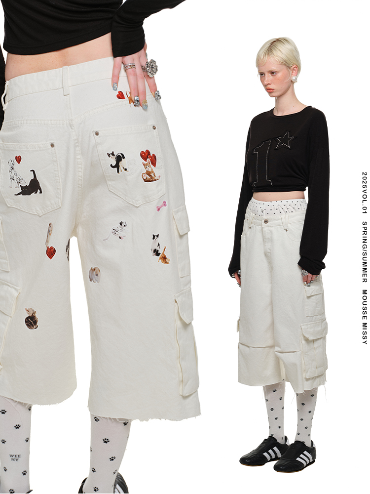 WHITE CAT BLESS YOU BERMUDA LOW DENIM SHORTS