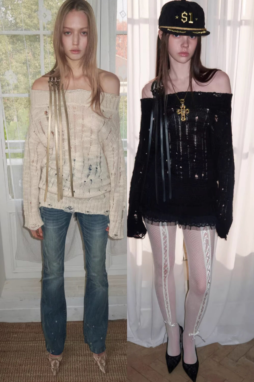DISTRESSED KNIT STRAP SWEATER