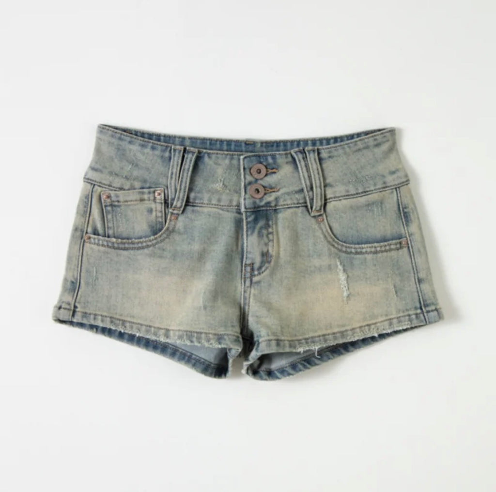 ⭑1JINN EXCLUSIVE ITEM AVAILABLE EXCLUSIVELY ONLINE AT SHELONGZ⭑ IN STOCK ♱ CAT BLESS YOU DENIM MICRO SHORTS