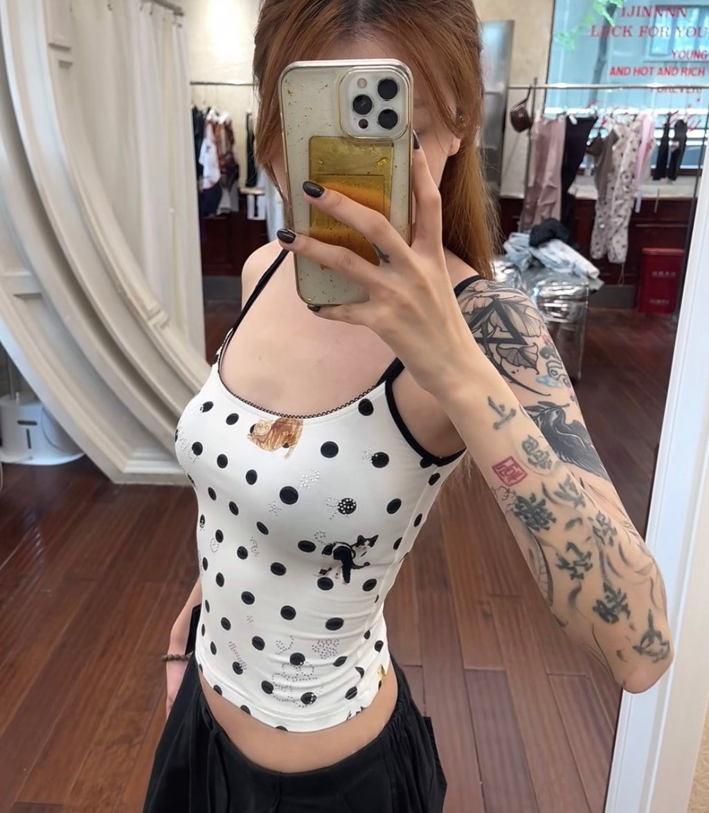 ♱ ネコ& イヌ LOVE POLKA DOTプリント Tシャツ& CAMIトップ（全2色）♱