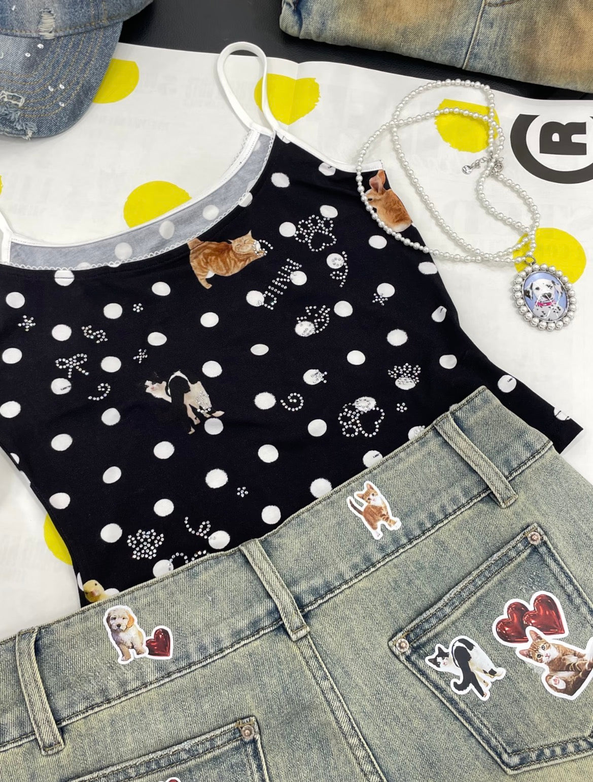 ⭑1JINN EXCLUSIVE ITEM AVAILABLE EXCLUSIVELY ONLINE AT SHELONGZ⭑ IN STOCK ♱ CAT BLESS YOU DENIM MICRO SHORTS