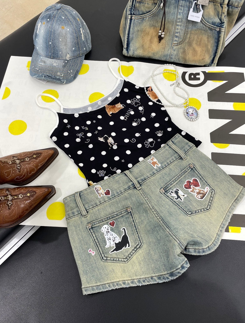 ⭑1JINN EXCLUSIVE ITEM AVAILABLE EXCLUSIVELY ONLINE AT SHELONGZ⭑ IN STOCK ♱ CAT BLESS YOU DENIM MICRO SHORTS