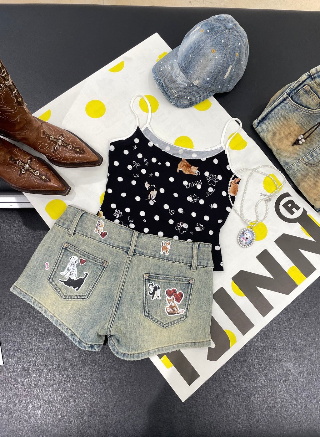 ⭑1JINN EXCLUSIVE ITEM AVAILABLE EXCLUSIVELY ONLINE AT SHELONGZ⭑ IN STOCK ♱ CAT BLESS YOU DENIM MICRO SHORTS