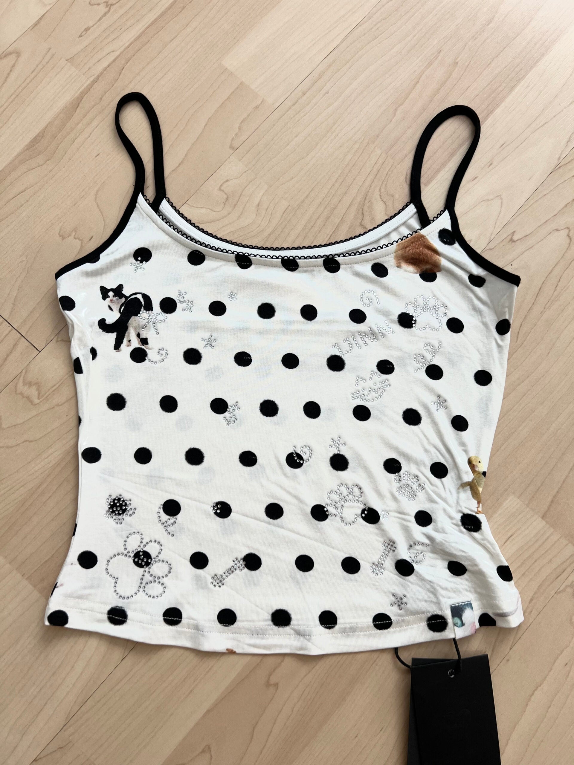 ♱ ネコ& イヌ LOVE POLKA DOTプリント Tシャツ& CAMIトップ（全2色）♱