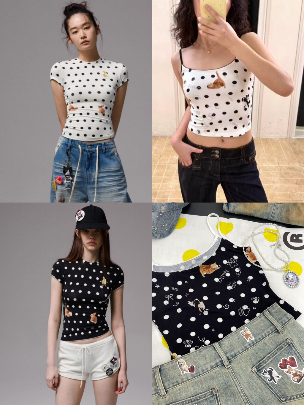 CATS & DOGS LOVE POLKA DOT PRINT T-SHIRT & CAMI TOP – 2colors
