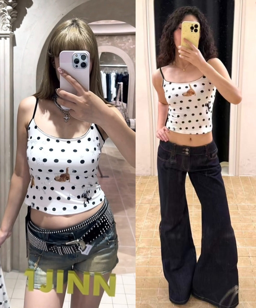 ♱ ネコ& イヌ LOVE POLKA DOTプリント Tシャツ& CAMIトップ（全2色）♱