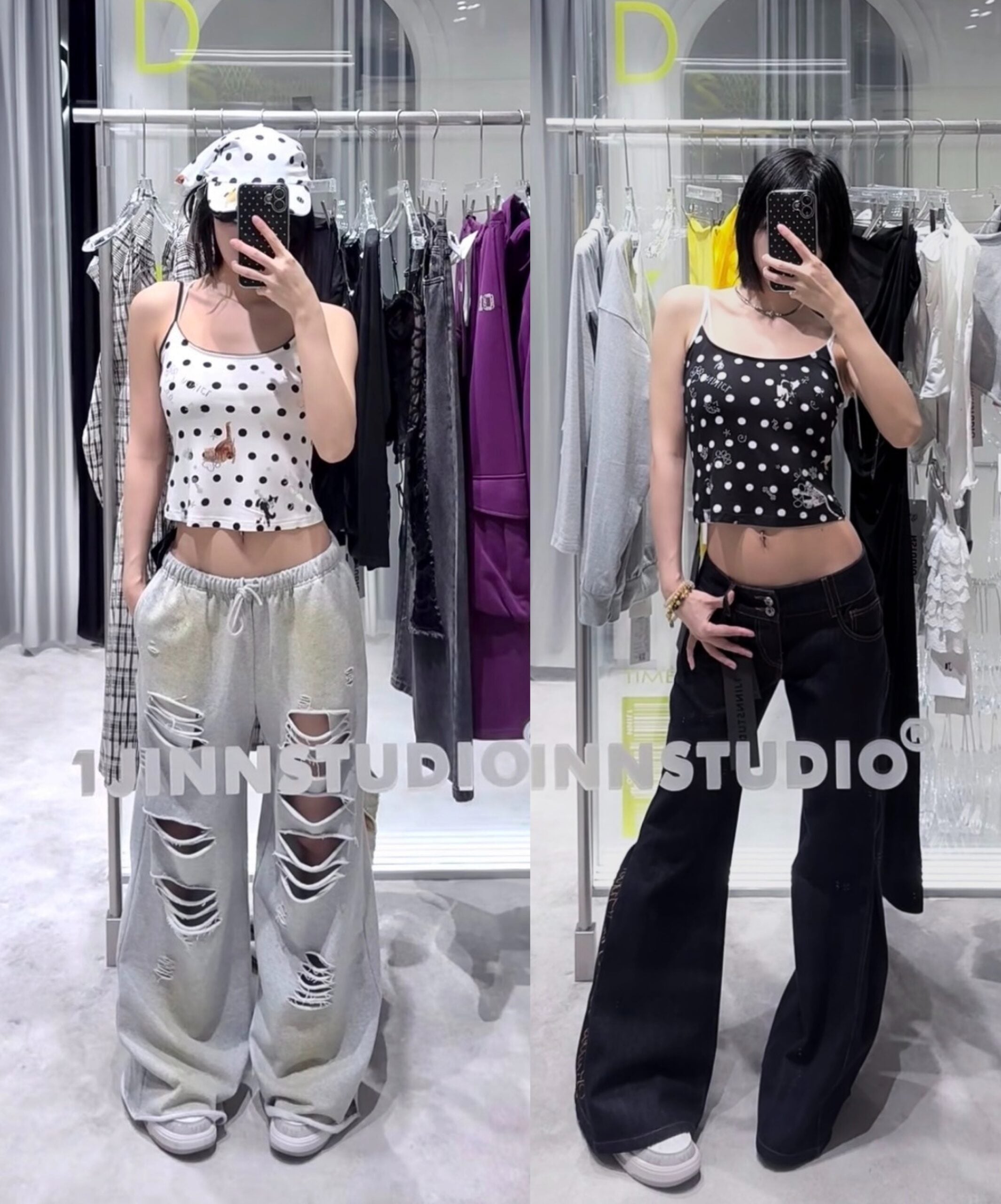 ♱ ネコ& イヌ LOVE POLKA DOTプリント Tシャツ& CAMIトップ（全2色）♱