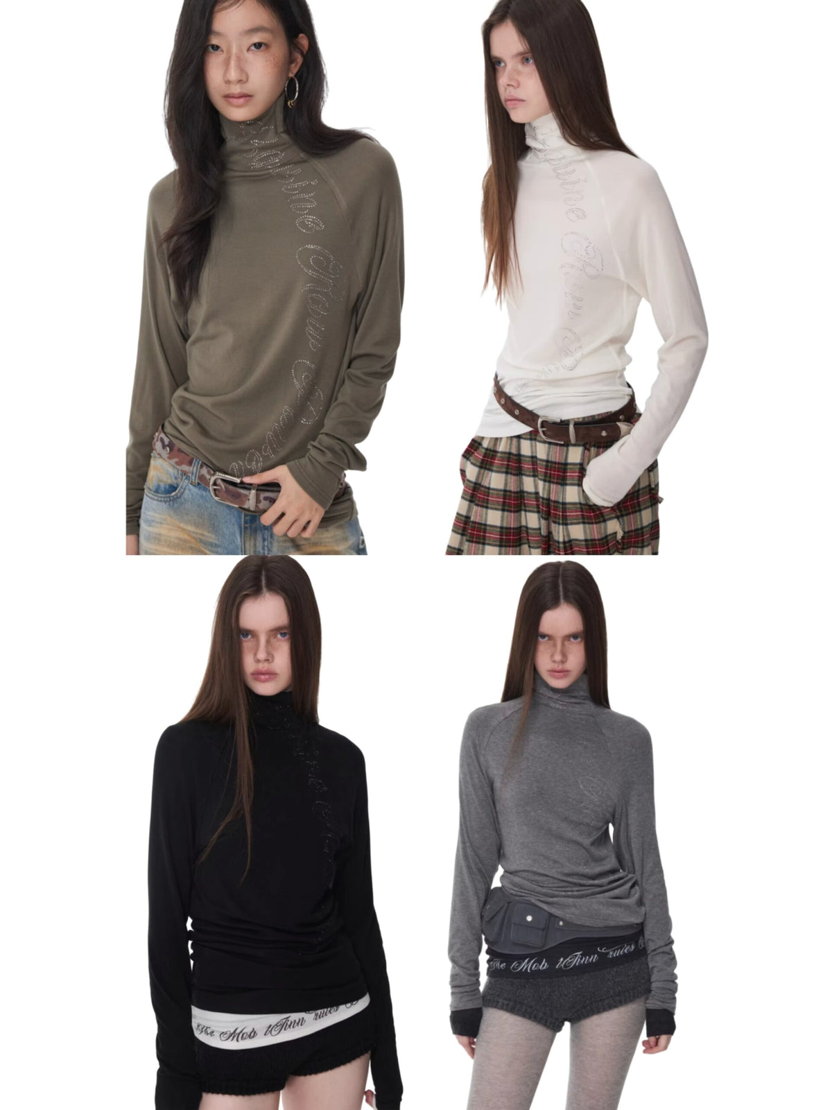CRYSTAL LETTERING HIGH-NECK TOP – 4colors