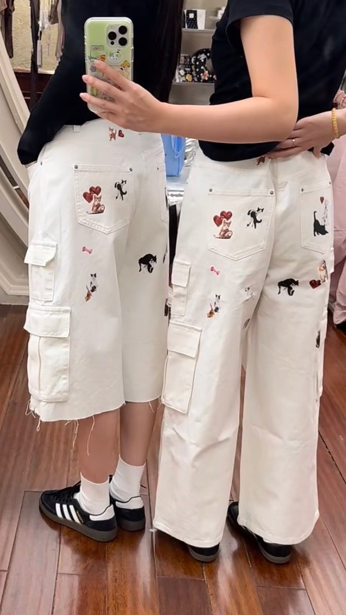 CAT BLESS YOU CARGO DENIM PANTS & BERMUDA LOW DENIM SHORTS (1JINN EXCLUSIVE)