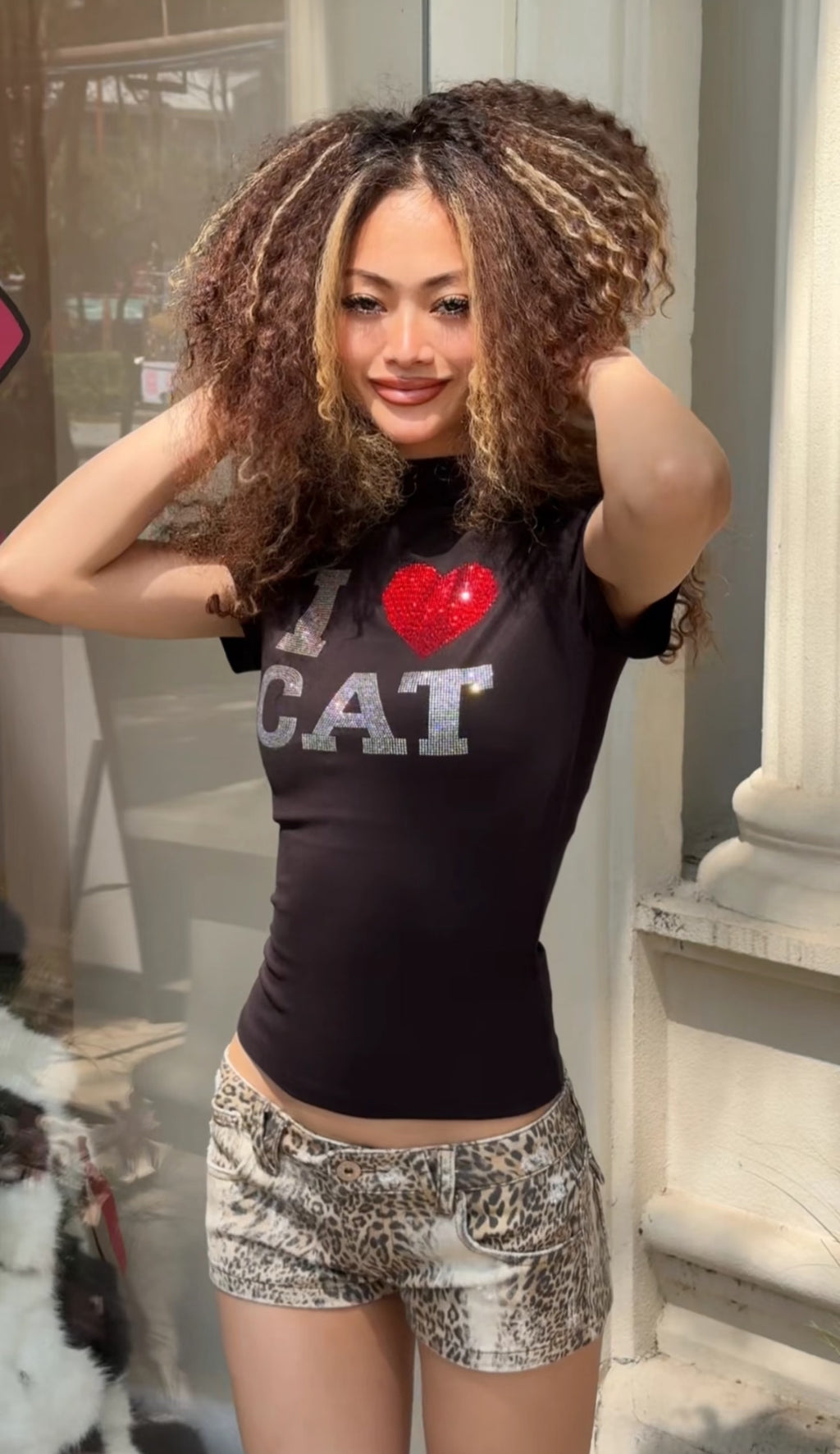 “I ♥ CAT” RHINESTONE FITTED T-SHIRT – 3colors