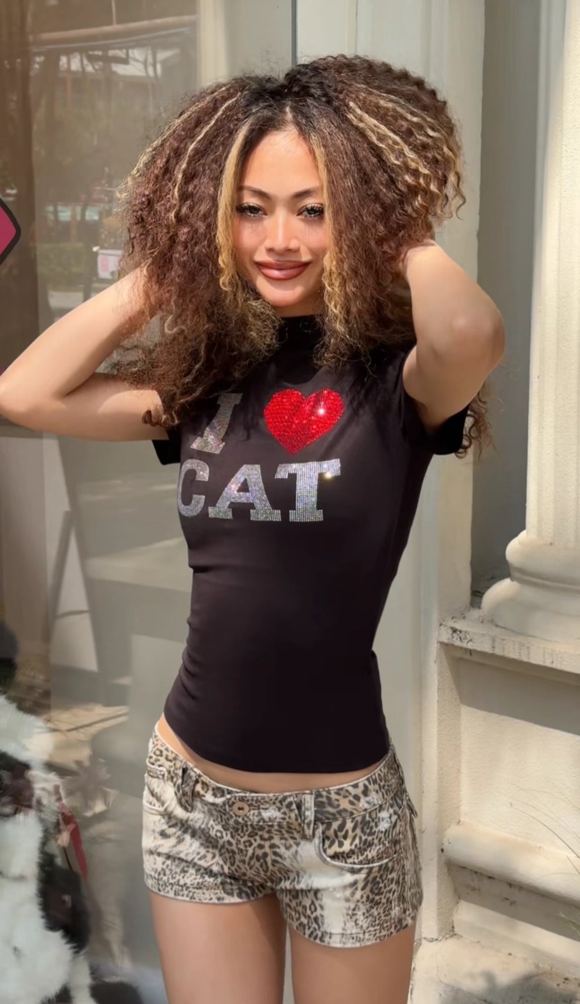 “I ♥ CAT” RHINESTONE FITTED T-SHIRT – 3colors