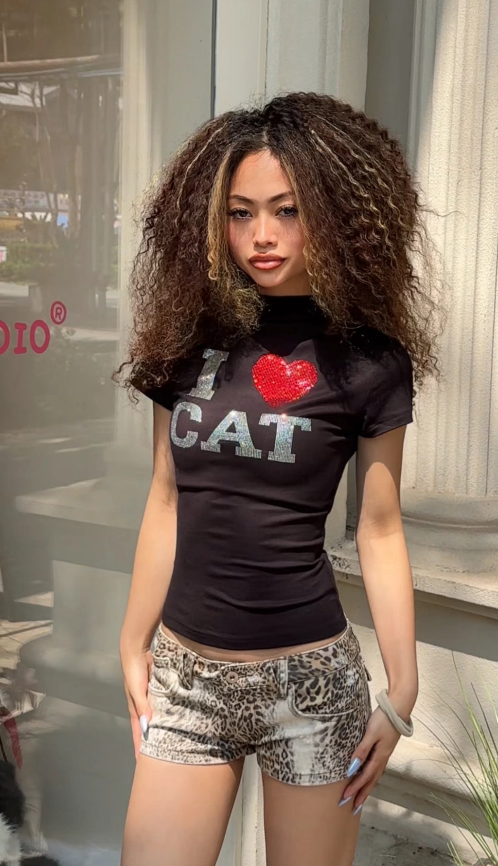 “I ♥ CAT” RHINESTONE FITTED T-SHIRT – 3colors