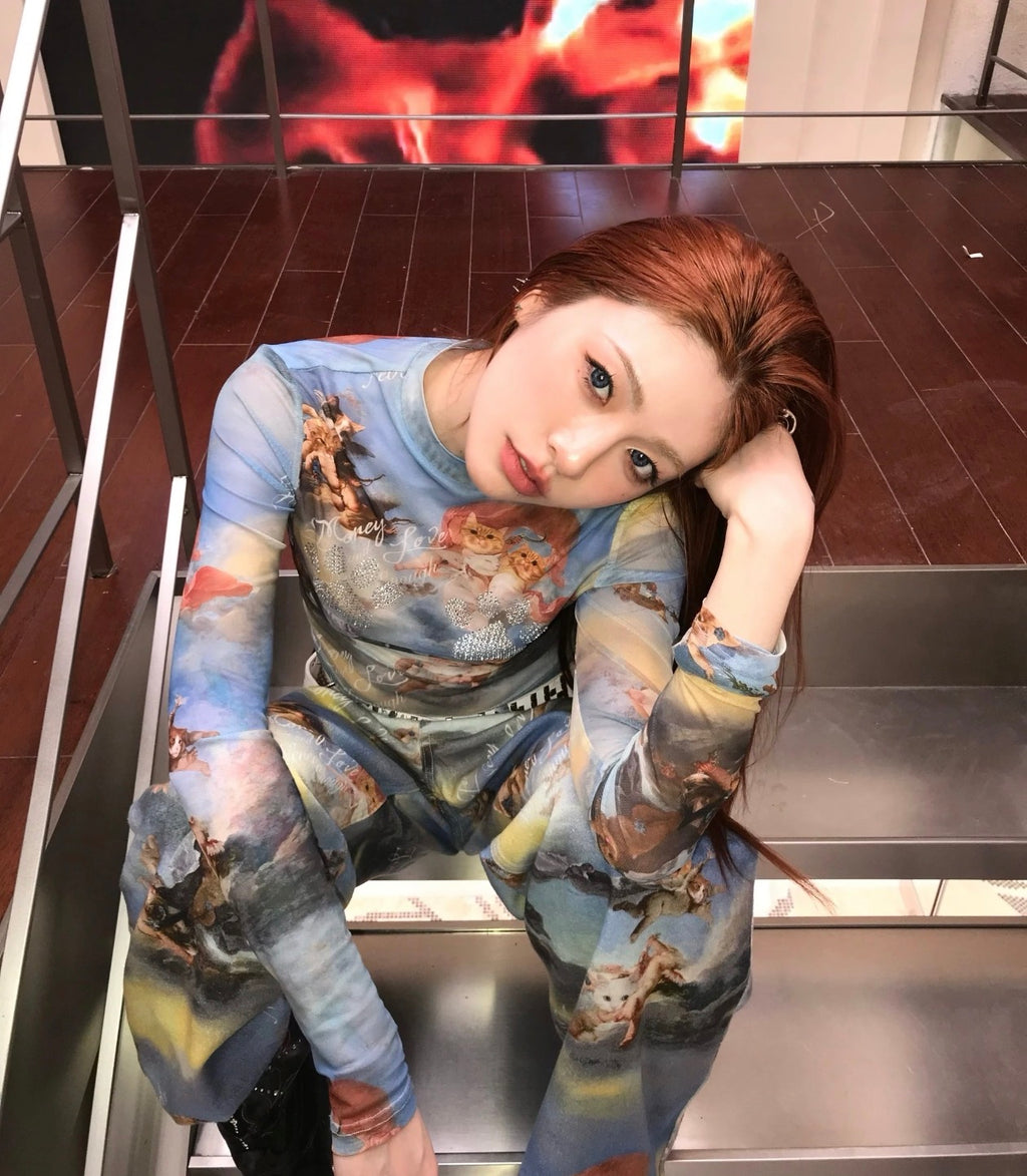 ANGEL KITTEN PRINTED MESH CROP TOP & PANTS