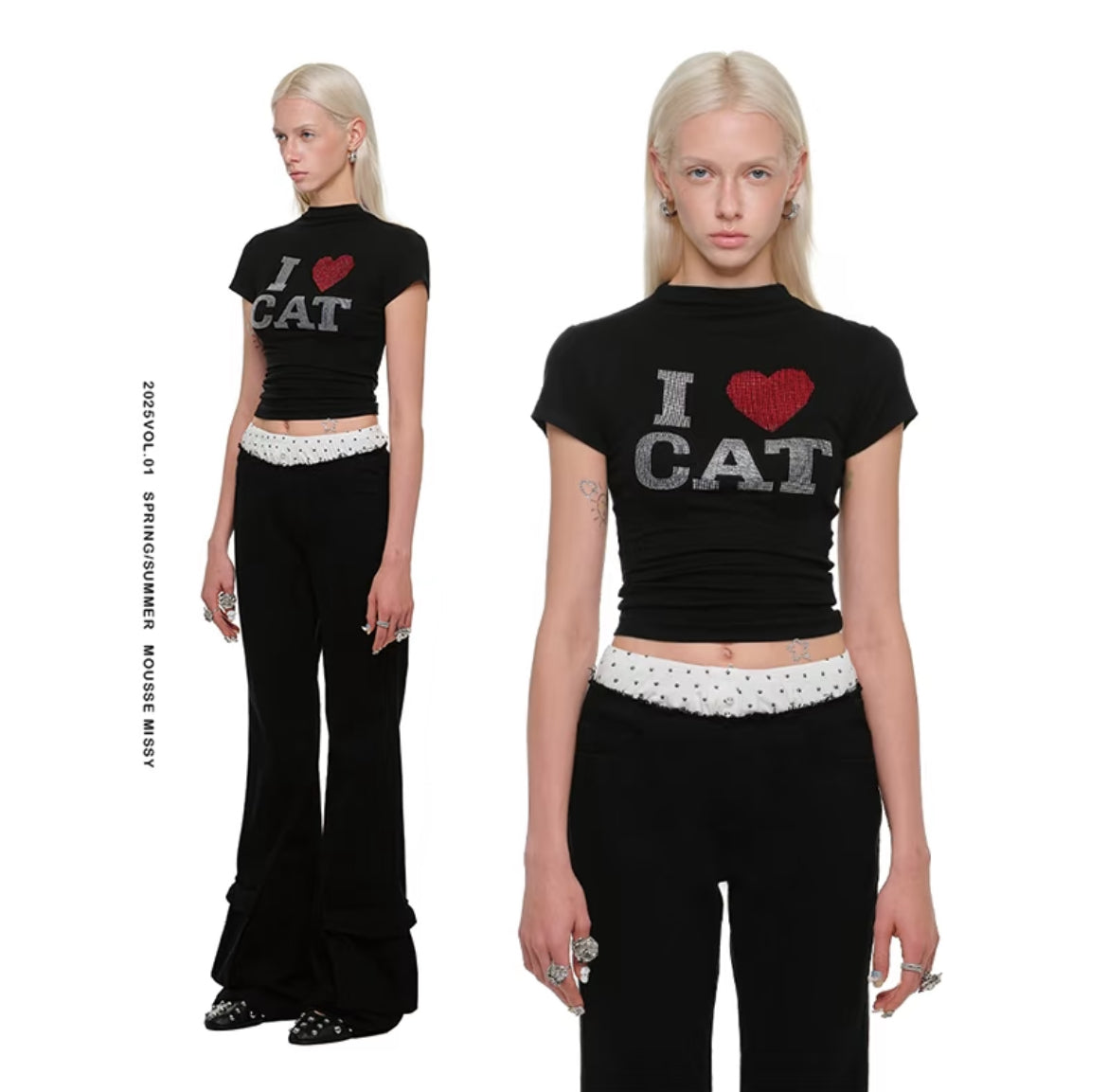 “I ♥ CAT” RHINESTONE FITTED T-SHIRT – 3colors