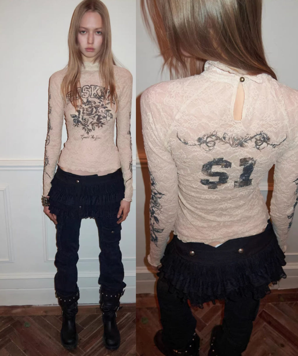 VINTAGE ROSEI LACE PRINT SHEER TOP