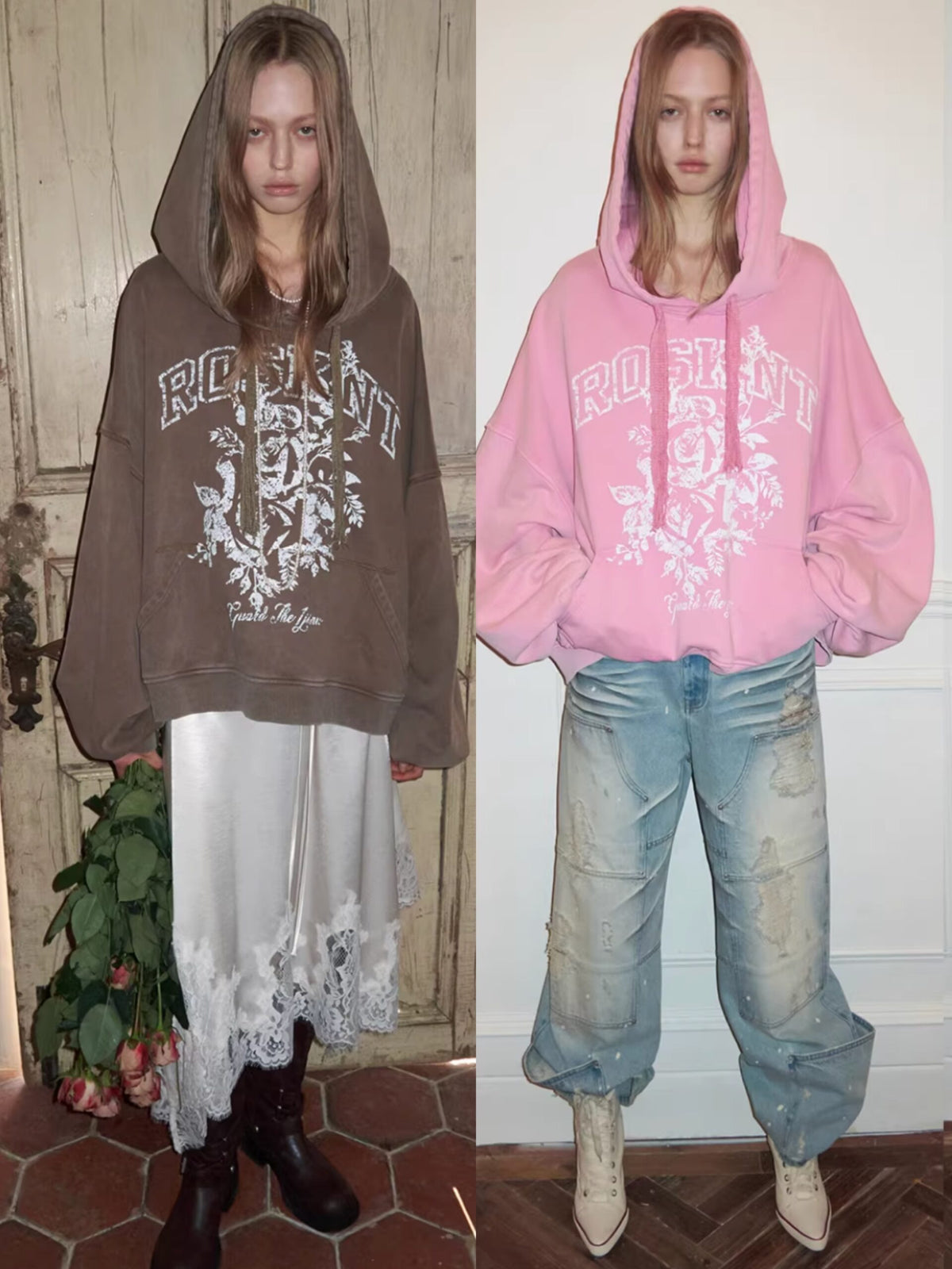 ROSKNT PRINT SLOUCHY WASHED HOODIE – 3colors