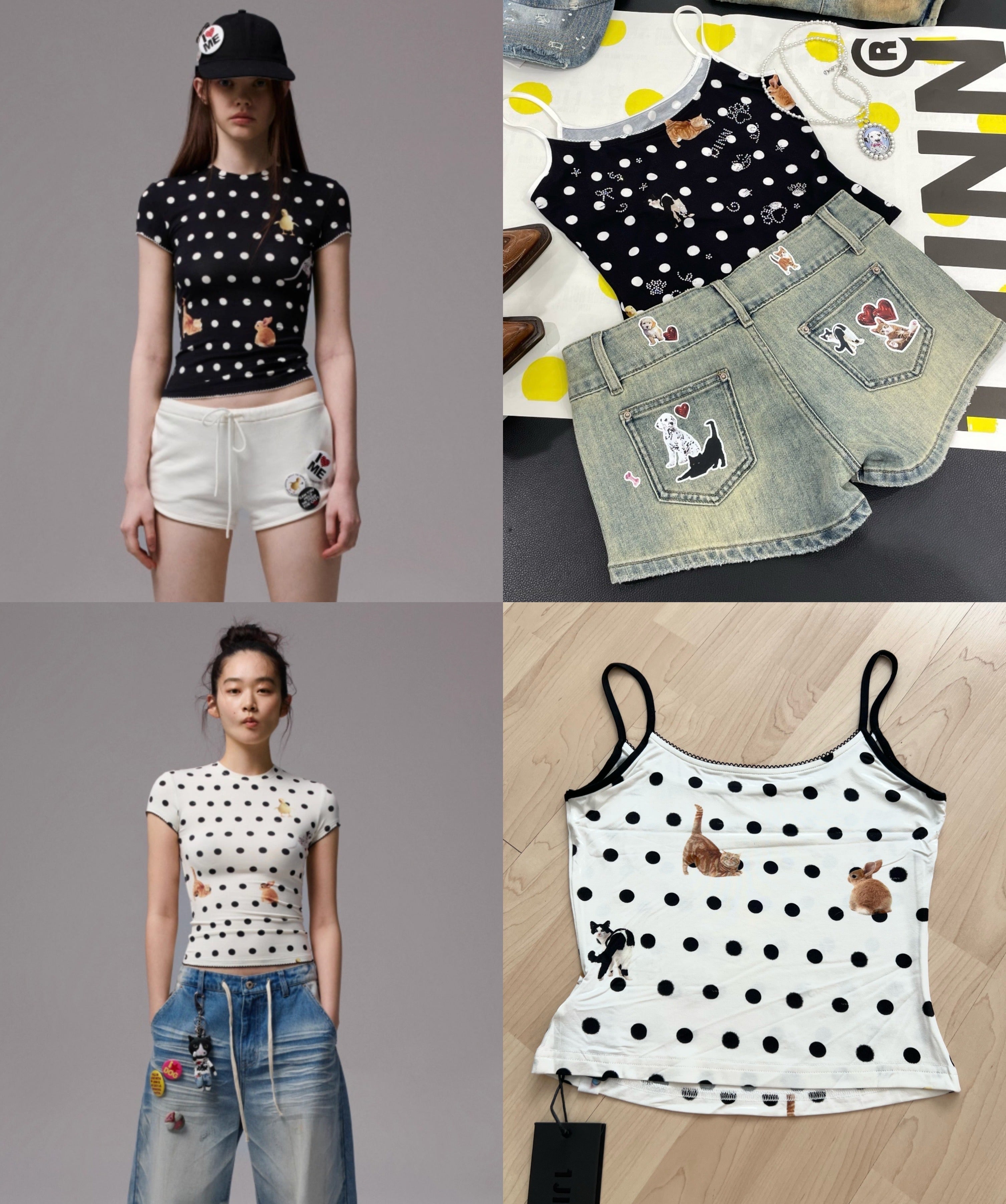 ♱ ネコ& イヌ LOVE POLKA DOTプリント Tシャツ& CAMIトップ（全2色）♱