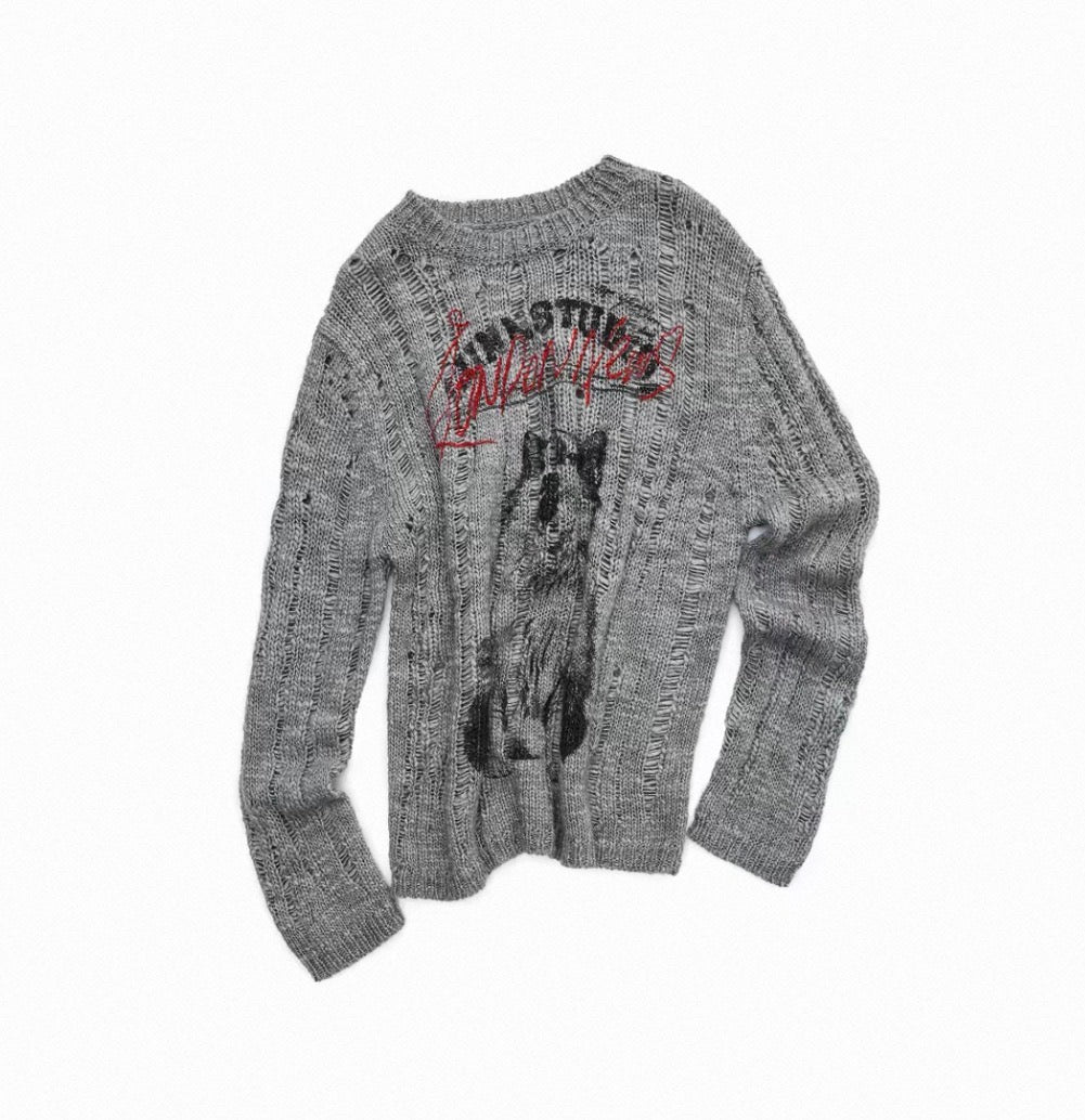 VINTAGE WOLF DESTROYED SWEATER - 3colors