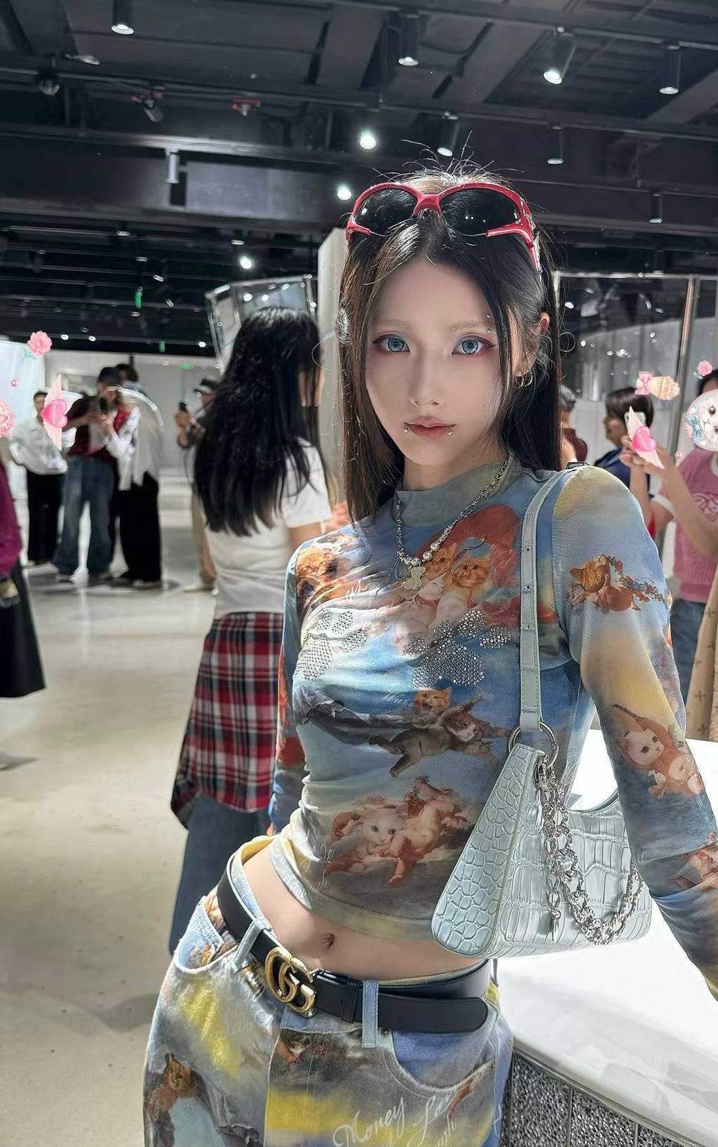 ANGEL KITTEN PRINTED MESH CROP TOP & PANTS